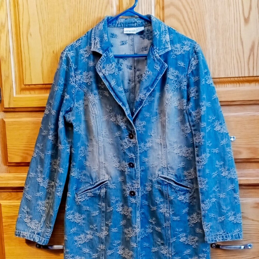 SOLD!!! Vintage Newport News Jeanology Floral Denim Jean Duster Jacket Women’s - Picture 3 of 10